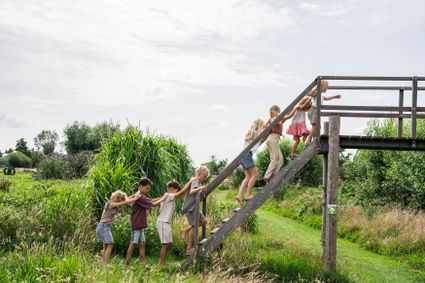 Recreatieplek Buitenplaats Kameryck in Kamerik, Groene Hart, kinderen lopen op blote voeten over houten brug in het blotevoetenpad met groen landschap en speelnatuur.