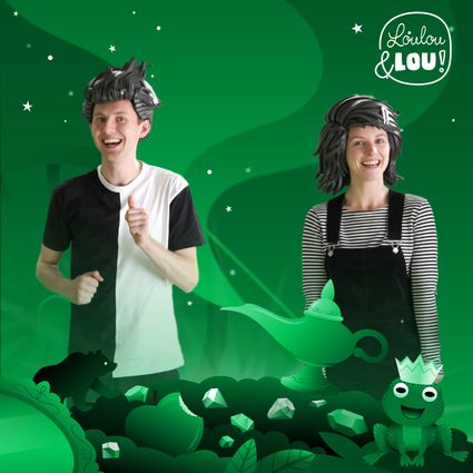 Promotiebeeld van de kindervoorstelling ‘Loulou & Lou’ met twee vrolijke acteurs op een groene achtergrond vol sprookjeselementen, onderdeel van het familieprogramma van Beleef Woerden in het Groene Hart.