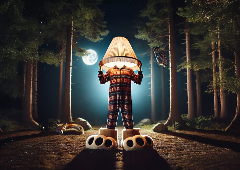 Een persoon in pyjama staat in een donker bos met een lampenkap op zijn hoofd