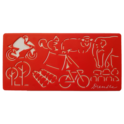 Een rood tekensjabloon van Drenthe met verschillende figuurtjes.