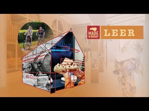 Visual van een looischuur met daarin beelden van de leer- en schoenenindustrie, vroeger en nu.