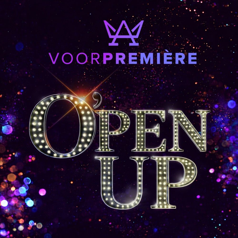 Affiche in zwart met paarse glitters en de letters O'pen Up in wit/geel.