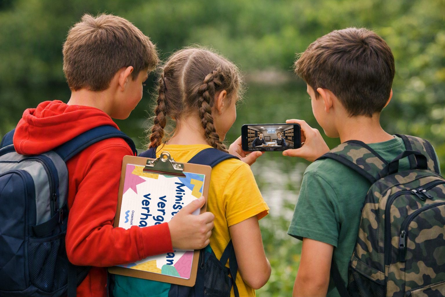 Drie kinderen met een klembord kijken naar een filmpje op een smartphone