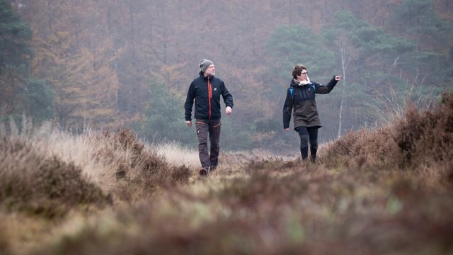 Een man en een vrouw wandelen op een mooie winterse dag in Nationaal Park het Drents-Friese Wold.