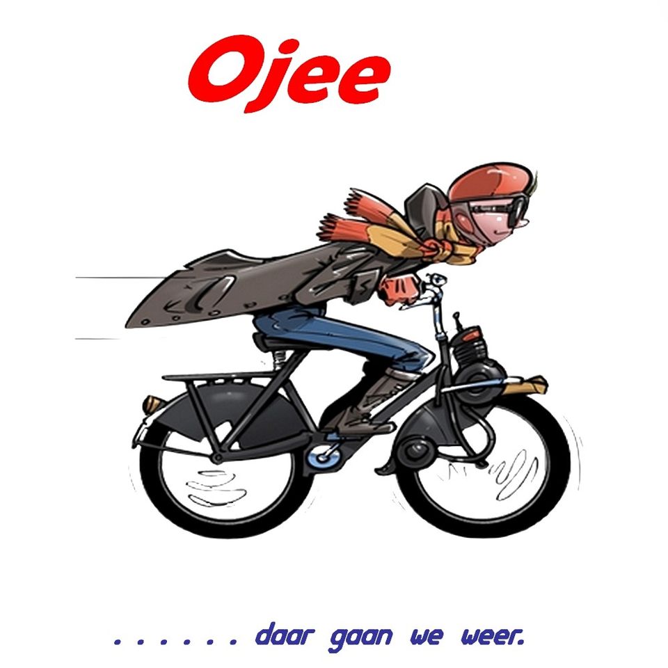 Tekening van een mannetje op een zwarte bromfiets met wapperende sjaal, helm en bril op.