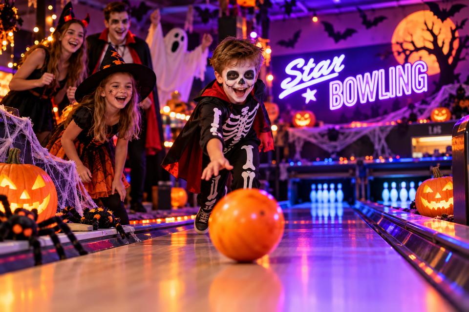 Kinderen in Halloweenkostuums genieten van Halloween bowlen bij Star Bowling, met verlichte bowlingbanen, pompoenen en griezelige versieringen.