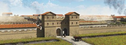 Tekening van de zuidpoort van Ulpia Noviomagus