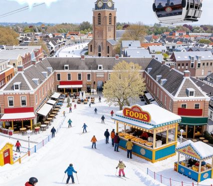 Evenement après-ski foodfestival, Winters Woerden, Groene Hart, winterse sfeer met kunstsneeuw, skiënde bezoekers en foodkramen op het Kerkplein met zicht op de Petruskerk.
