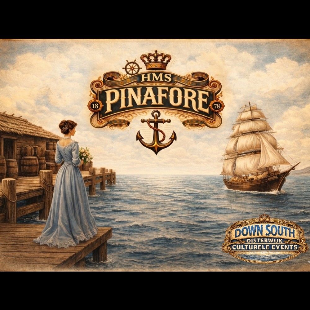 Affiche van een klassiek geschilderd tafereel met aan de linkerkant een houten huisje en vlonder met daarop een dame in lange lichtblauwe jurk met een bosje bloemen en aan de rechterkant een klassiek zeilschip.