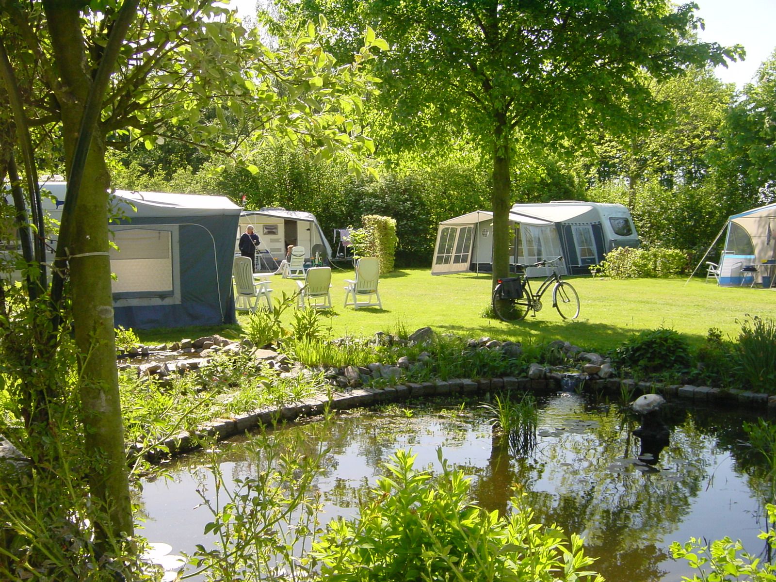 Vijver met daarachter een grasveld omzoomt met bomen en diverse caravans met voortenten.