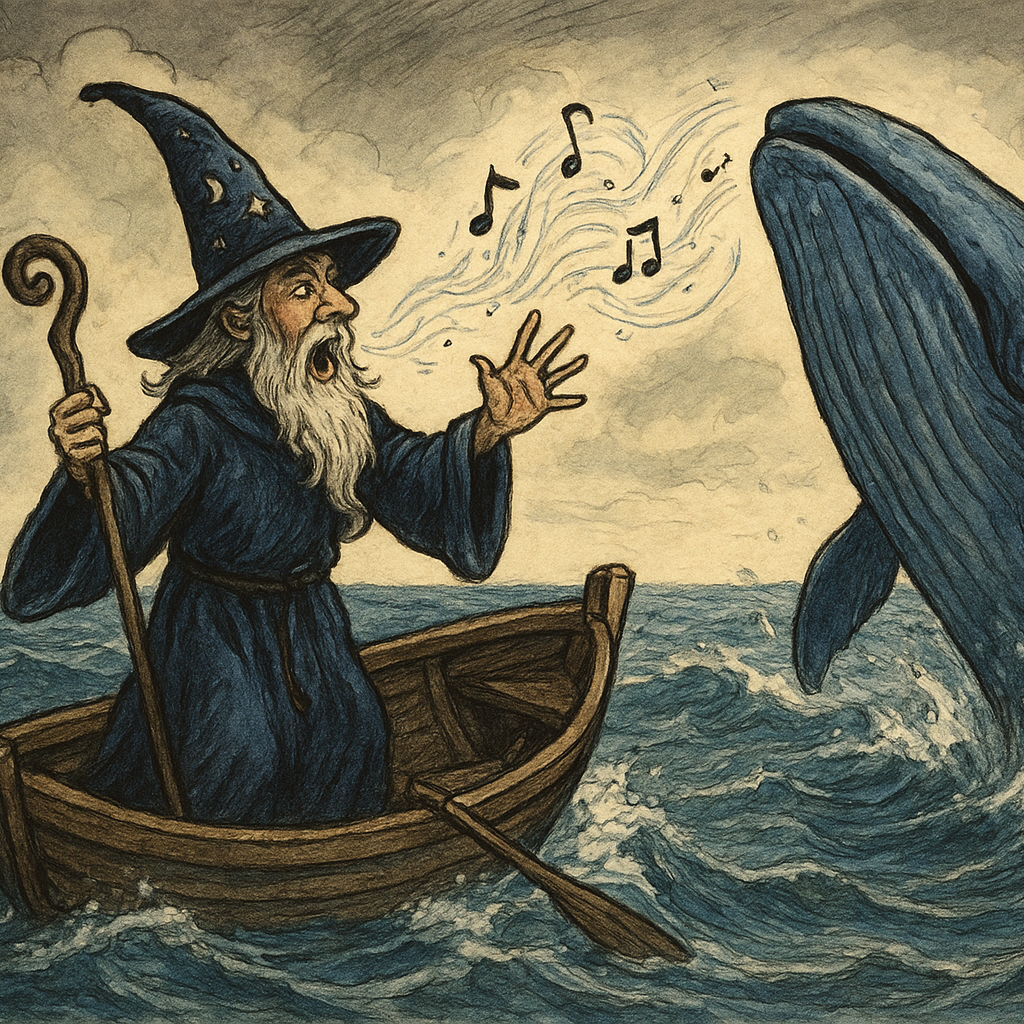 tekening van een tovenaar in een roeibootje met een walvis die uit het water omhoog komt.