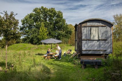 Campingplatz „Fort Werk“ mit einem hölzernen Zirkuswagen mitten im Grünen, einem Picknicktisch mit Sonnenschirm und Platz für zwei Personen bei der Unterkunft, umgeben von Gras, Sträuchern und Bäumen.
