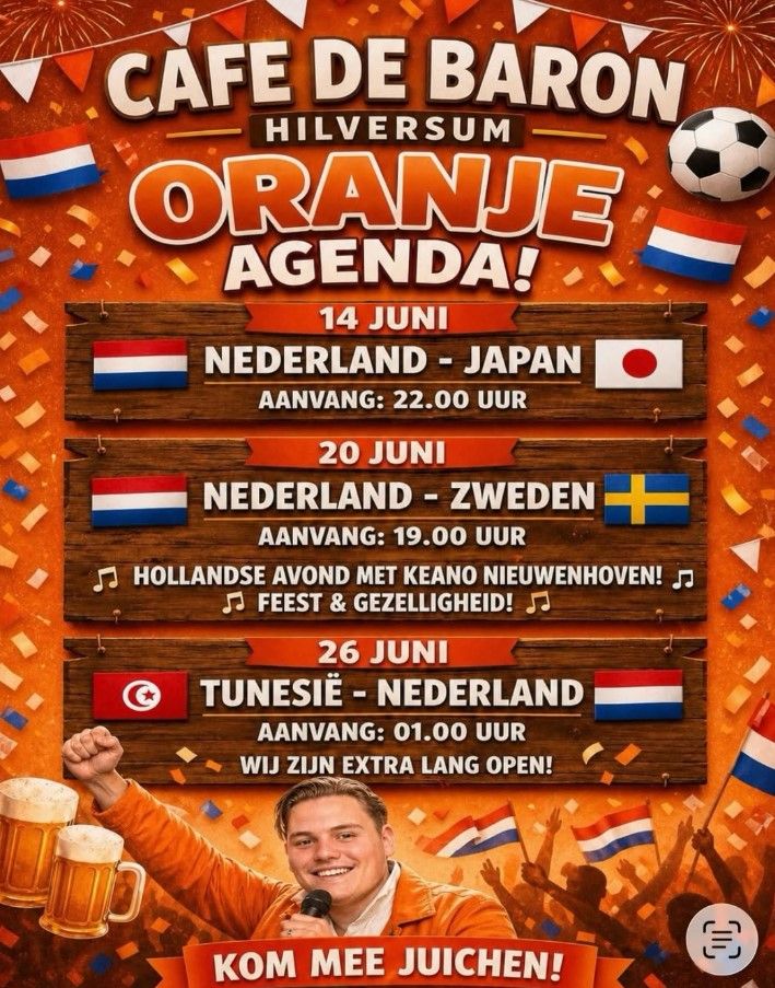 WK Voetbal bij De Baron poster met spelschema en afbeelding Hollandse Avond