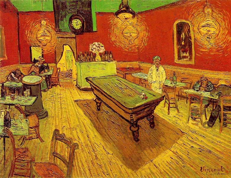 Een afbeelding van het schilderij geïnspireerd op de Ginnekenmarkt: Het nachtcafé, gemaakt door Vincent van Gogh, te Arles, in 1888.