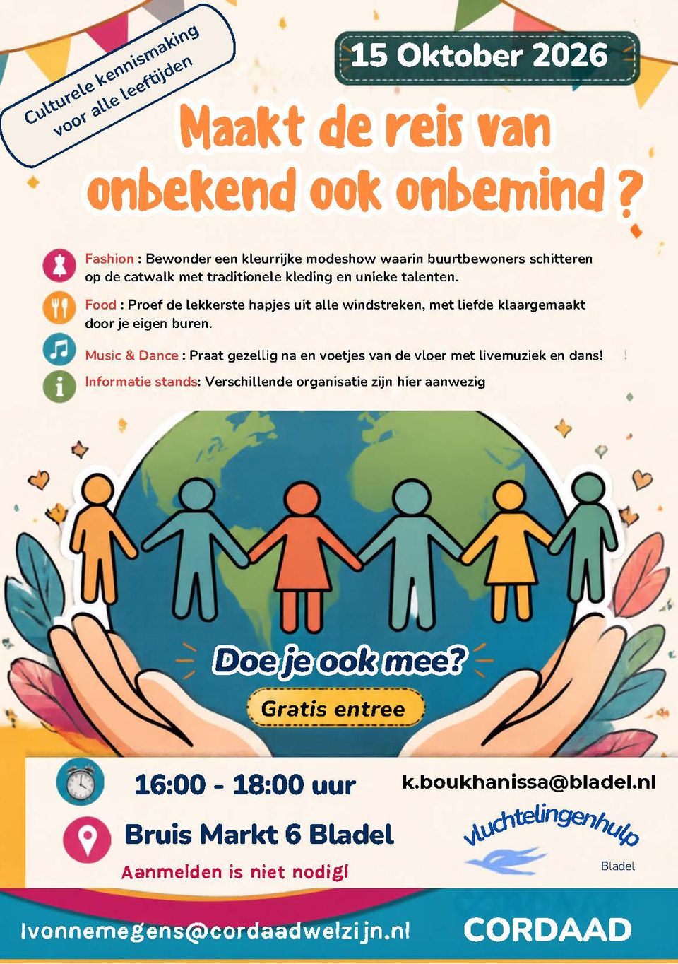 Flyer fashion, food, music, dance, informatie stands