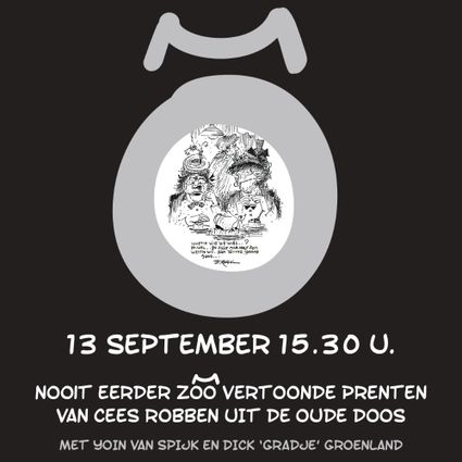 Affiche in zwart-wit, met in het midden een cirkel met een tekening van Cees Robben. In witte letters de info-gegevens.