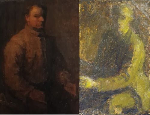 Kunst met man aan de linkerkant en een man aan de rechterkant, beide zittend.