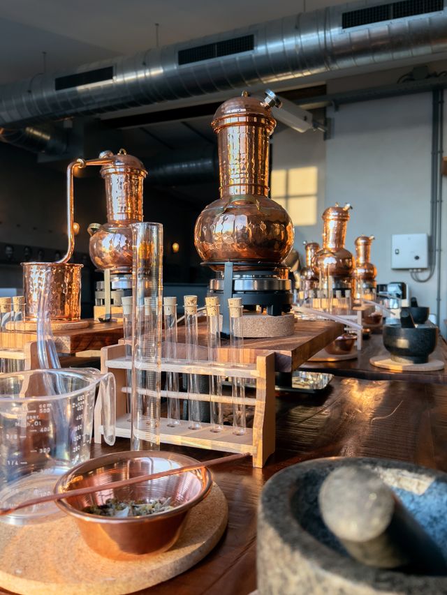 Close-up van koperen distilleerketels, reageerbuisjes, kruiden en mortieren tijdens een ginworkshop bij Het Stookatelier in Maastricht. De werktafel is zorgvuldig ingericht met glaswerk en botanicals voor het maken van je eigen gin.
