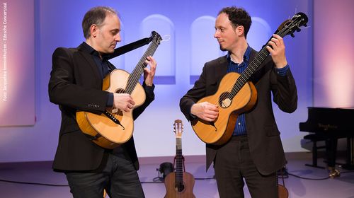 Twee mannen spelend op een gitaar