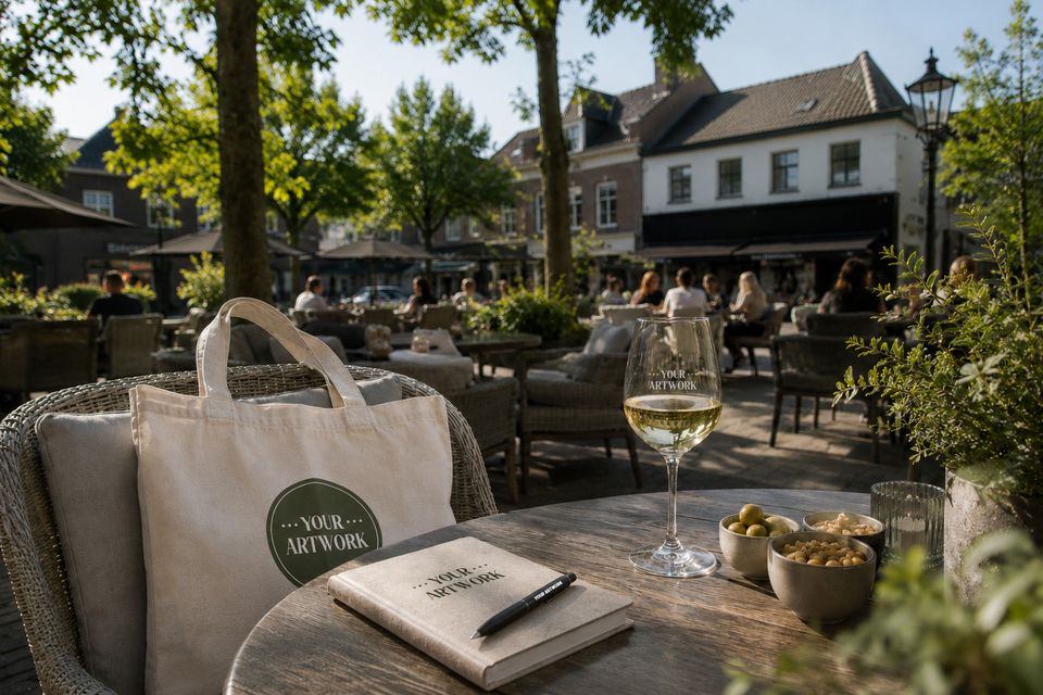 Canvastas en notitieblok met pen wordt geshowd op tafel