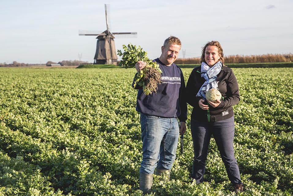 Twee mensen in het weiland met een molen op de achtergrond