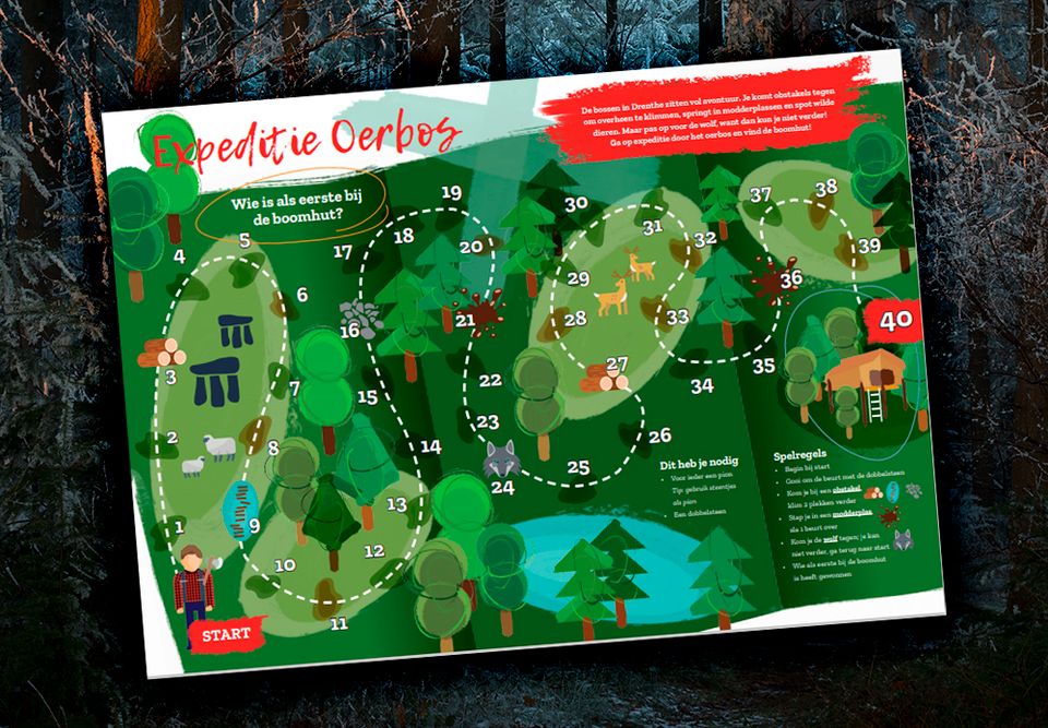 Het bordspel expeditie Oerbos met een bos op de achtergrond.