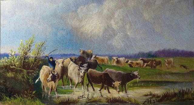 Painting by student Antoon Hermans, of group of cows