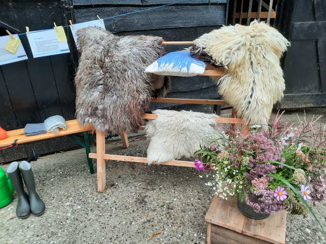 Vacht van wol hangend aan een bankje